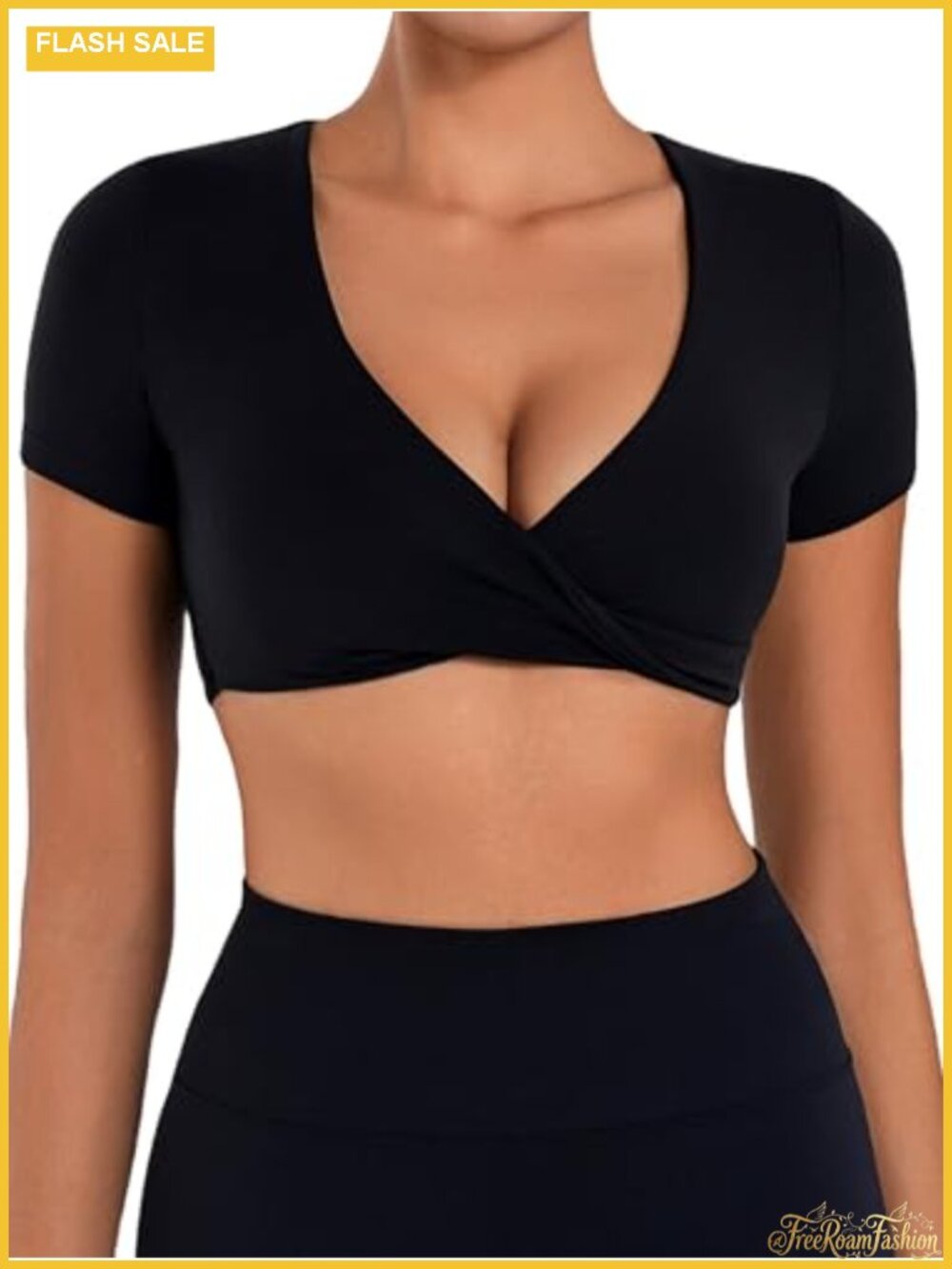 Quick-Dry Twist Crop Top Deep V Neck Short Sleeve Gym Shirt for Women